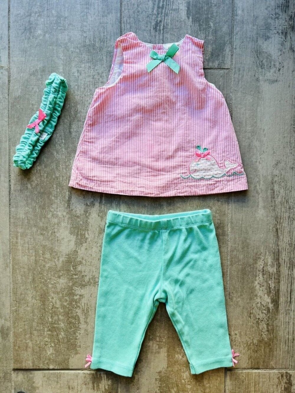 LITTLE ME Baby Girl 3 Piece Pink Teal Whale Headband Outfit Set EUC Summer 6M